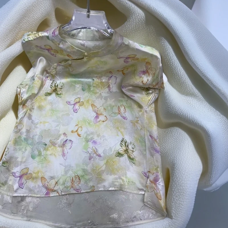 [梁祝】立领新中式蝴蝶短袖提花圆领T恤女士印花城市游牧风