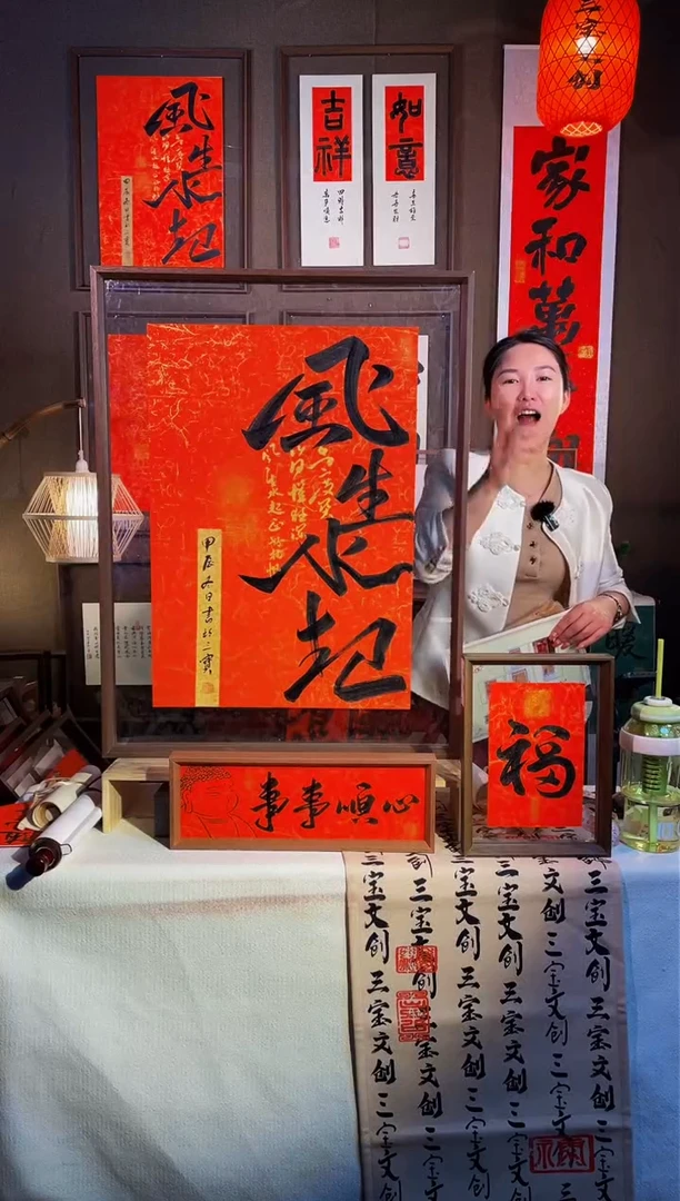 【闪购商品】书法【风生水起】红纸实木手写62*82