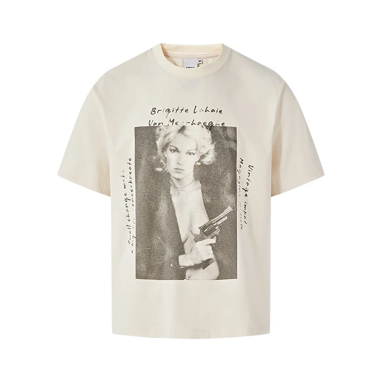 KREATE 220g长岛冰花棉人像丝网印花竹节纹理休闲圆领短袖T恤夏男