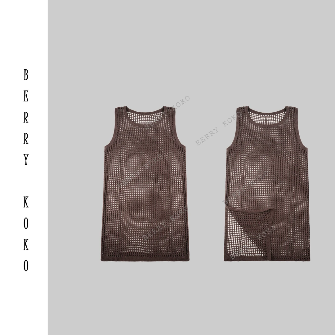 【MISSKO】早秋款手勾编制开衩长款针织背心镂空马甲女J14