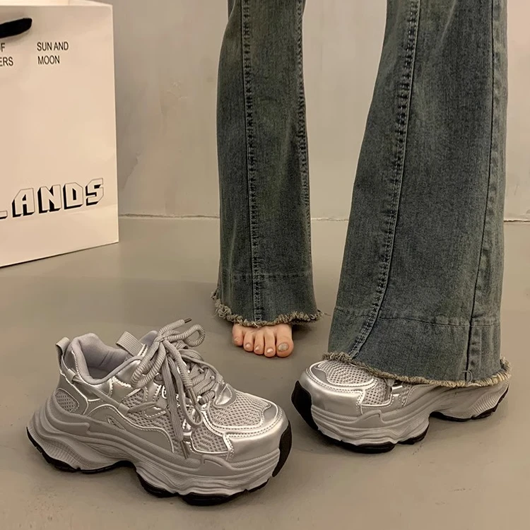 爆款松糕厚底老爹鞋女春秋小个子增高2025新款银色百搭休闲运动鞋