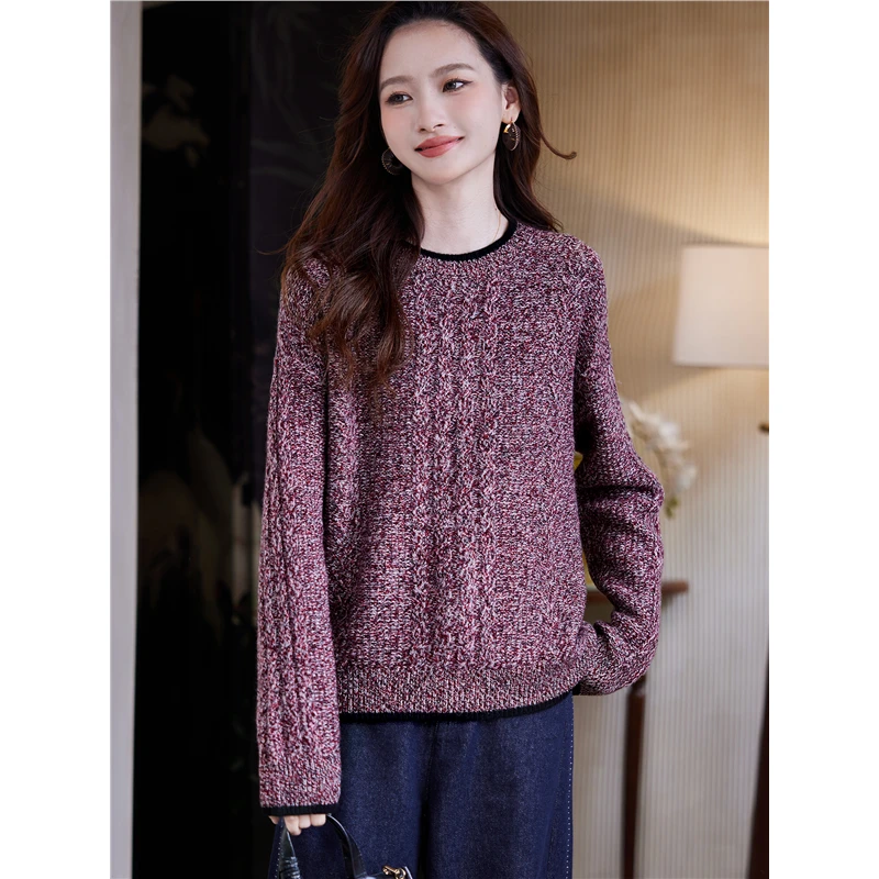 DUCURNO慵懒风圆领羊毛针织衫女秋冬2025新款复古气质宽松毛衣潮