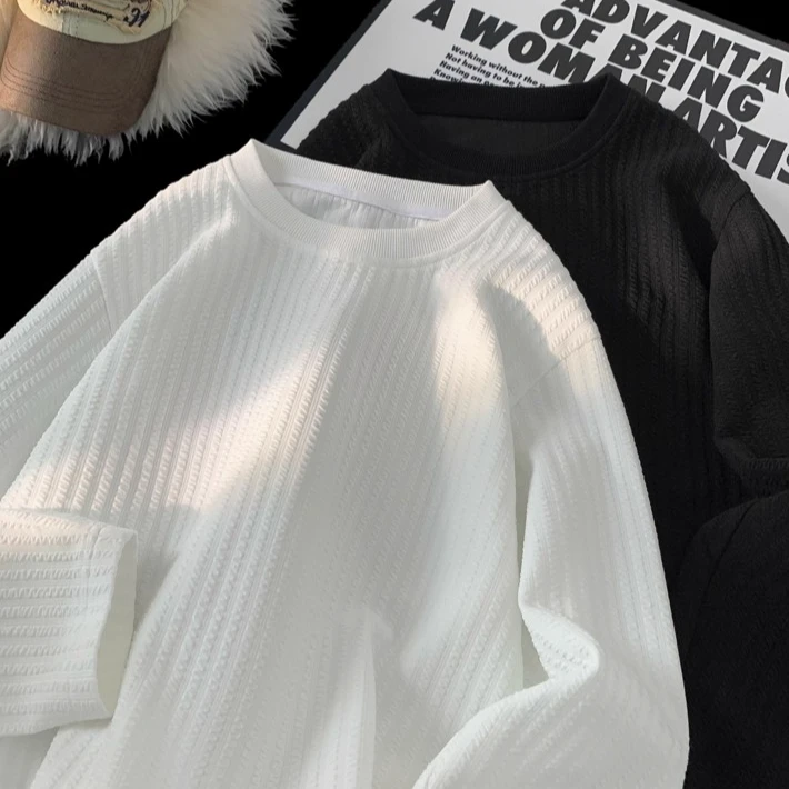 肌理感垂感长袖T恤男款秋季薄款高级感宽松内搭圆领休闲打底衫