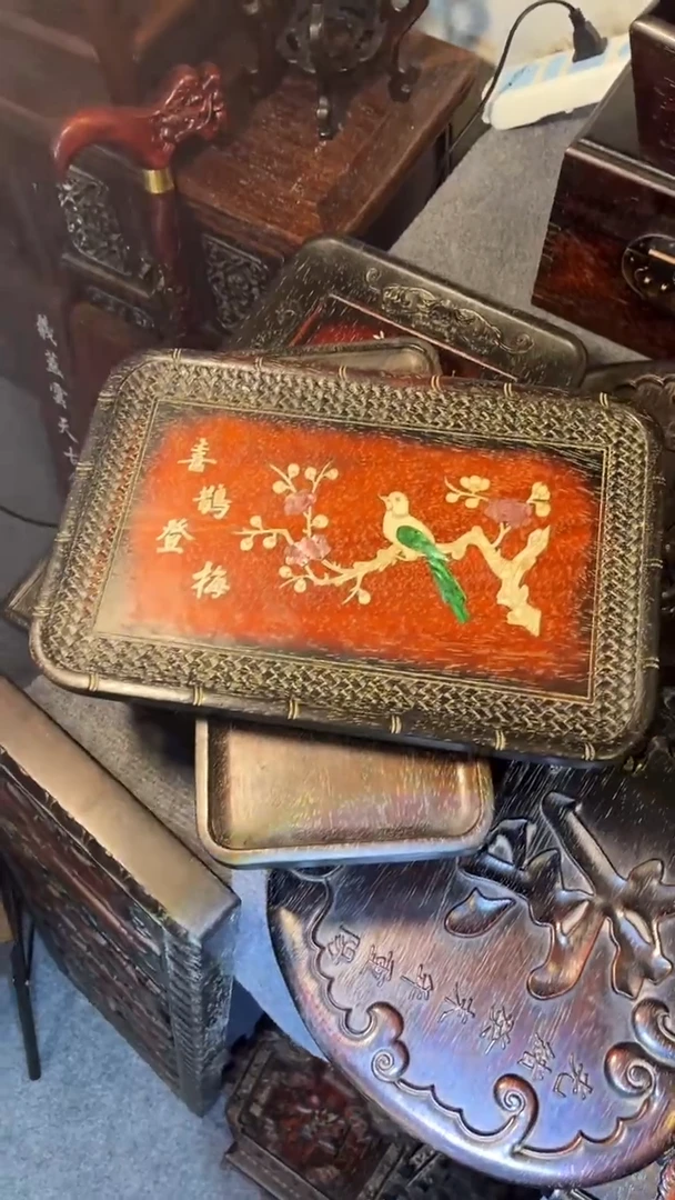 非洲紫檀（红花梨）赏盘36x24cm喜鹊登梅无底座