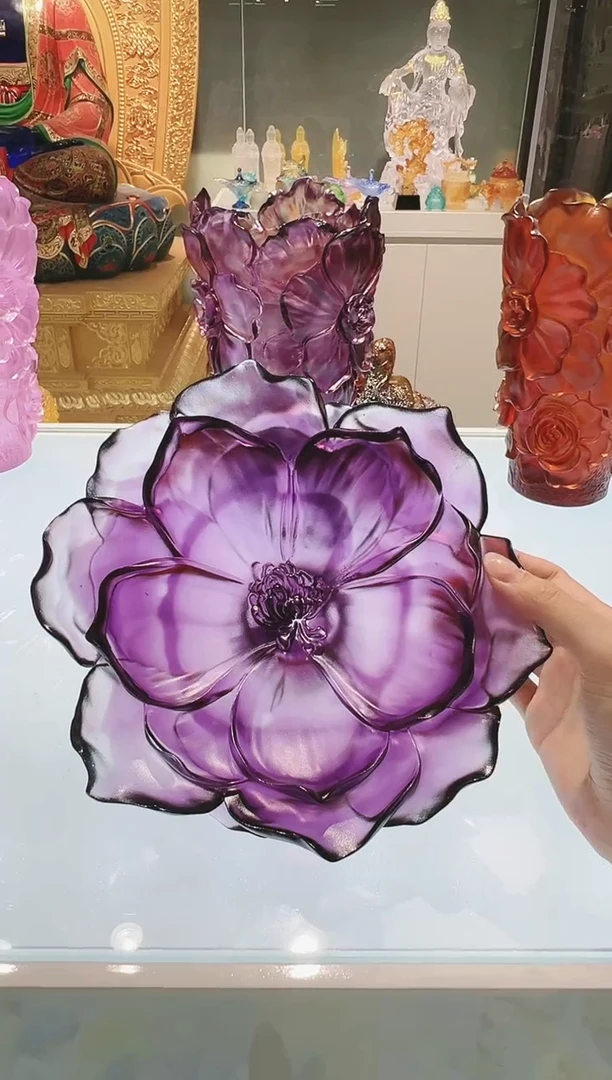 手工艺品琉璃古法琉璃山茶花果盘