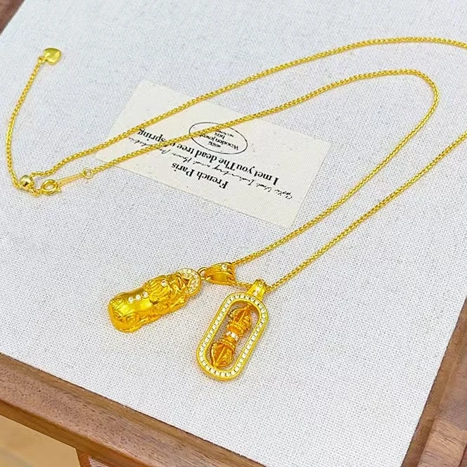 RTUP 铜合金项链 韦雪同款点钻貔貅金刚杵项链可转动降魔杵锁骨链