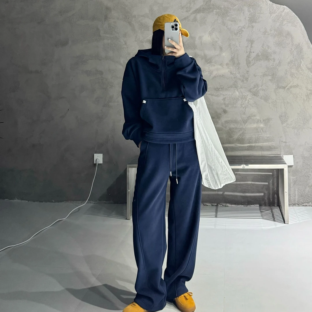 加绒加厚高克重连帽半拉连袋鼠兜套装22001