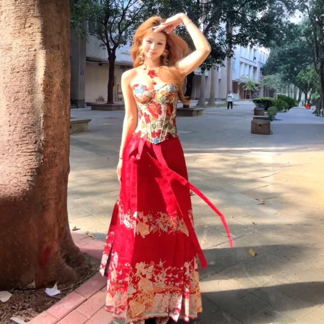 新中式抹胸鱼骨晨袍红色马面裙套装女春季国风上衣半身裙两件套女