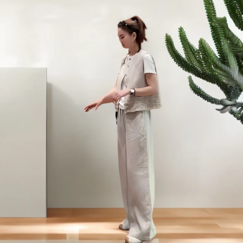 夏季女装超好看气质减龄清冷松弛感穿搭米白色马甲阔腿裤三件套装