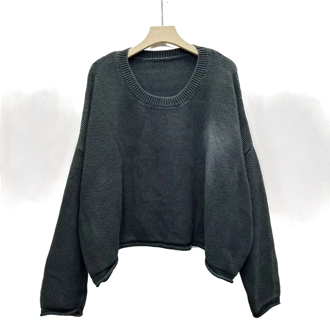 依佳#2208时尚百搭宽松做旧纯色圆领毛衣(衣长60胸围140左右)