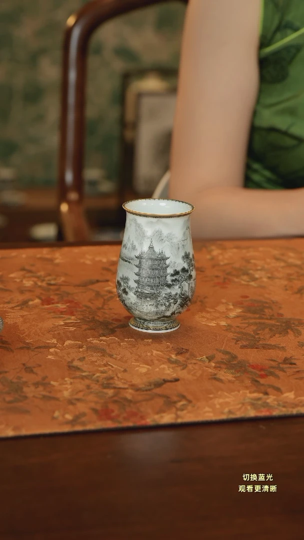 【****明手绘重工墨彩黄鹤楼闻香杯
