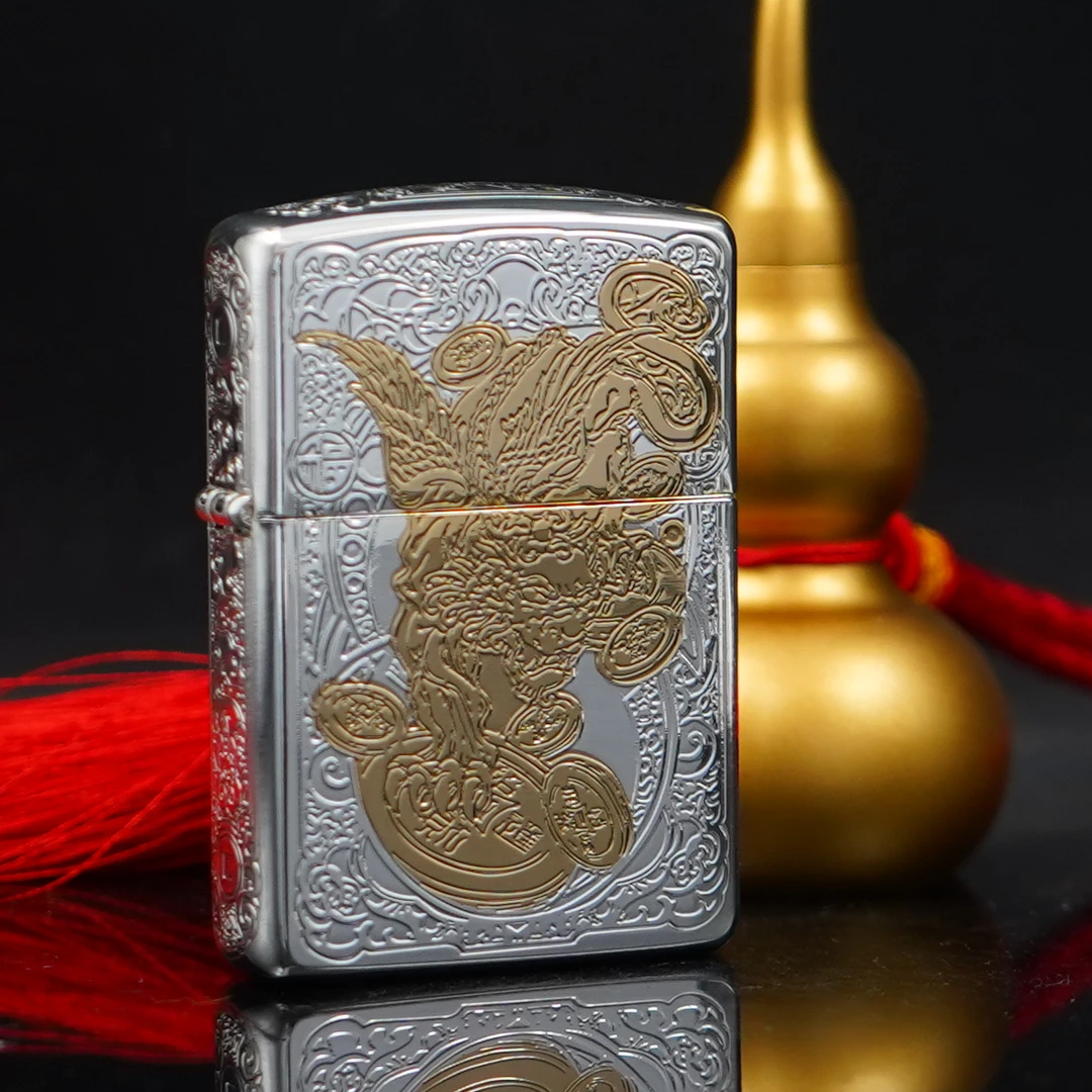 ZIPPO/之宝打火机 招财貔貅盔甲五面亮银鎏金（黑内胆）DYJ1
