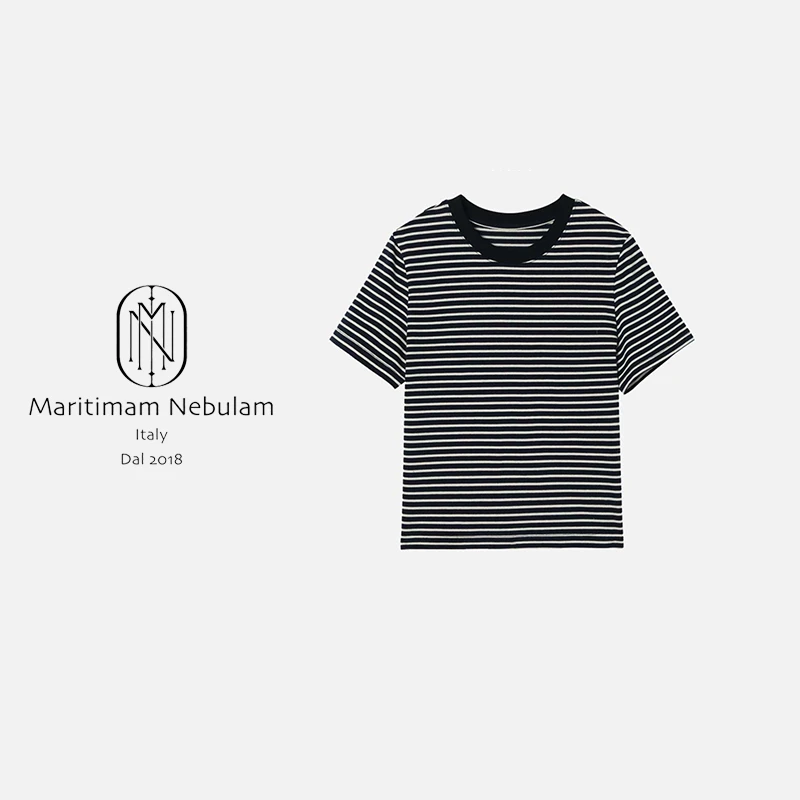 MN女士条纹条纹短袖短袖T恤复古黑白撞色 SZ2248