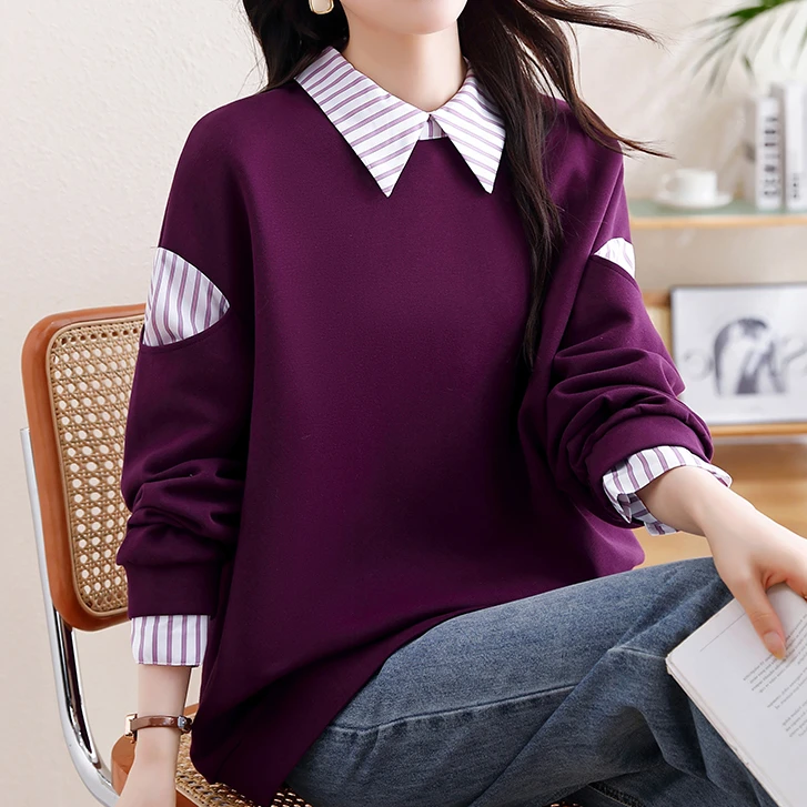 紫色拼接假两件卫衣春秋装新款欧会宽松大码设计感洋气上衣