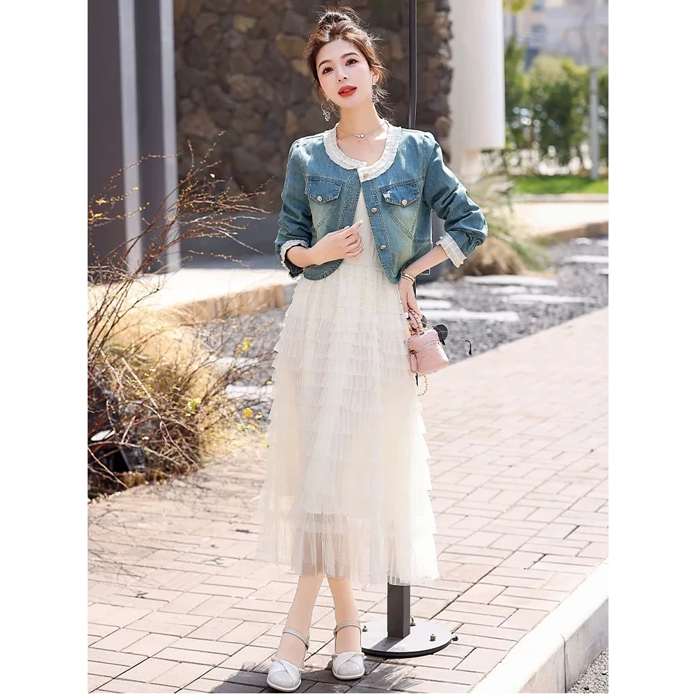 JIRUIMAN/吉瑞曼春装棉质牛仔外套搭网纱连衣裙两件套TQ601