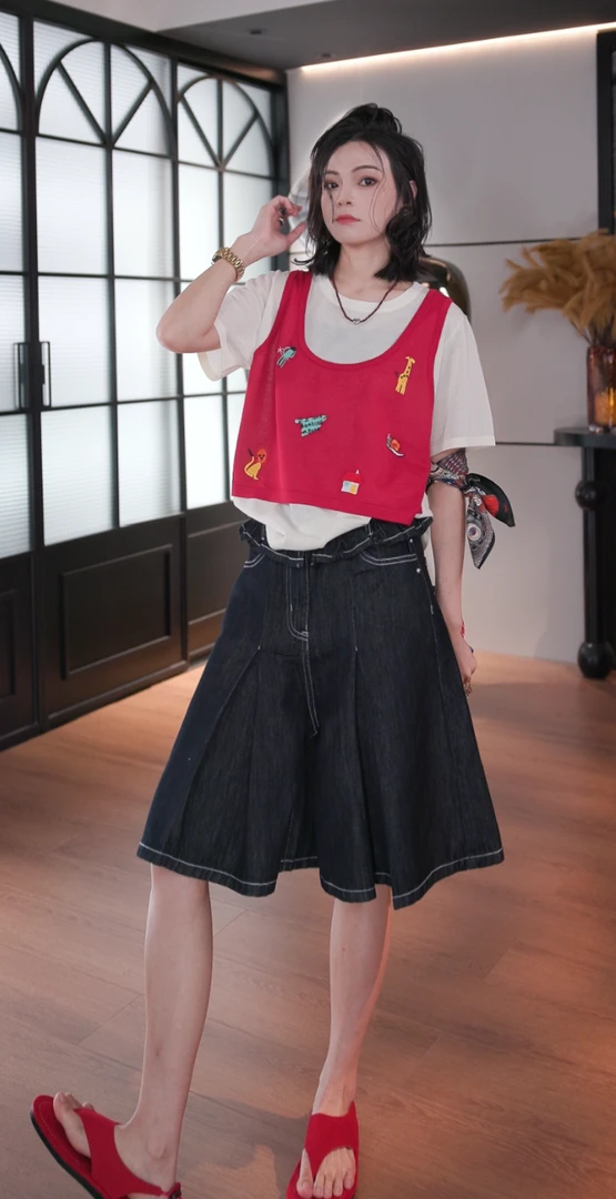 BANINGNA-2025欧货夏季小众设计款重工刺绣假两件短袖T恤10088