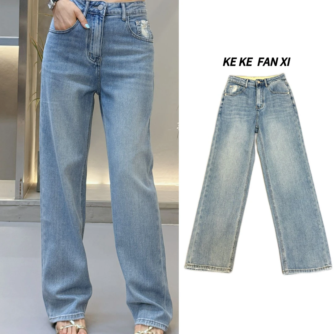 18367口袋磨破直筒牛仔裤显瘦夏季百搭宽松蓝色设计感