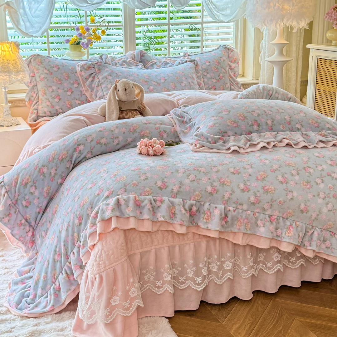 田园风牛奶绒床盖床裙四件套碎花被套蕾丝花边多元素保暖床上用品