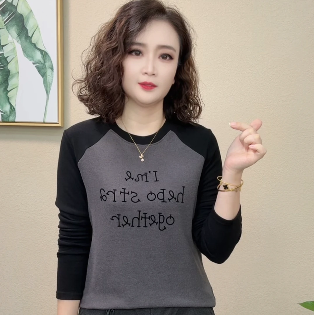 2025秋季新款显瘦拼接T恤洋气套头老钱风印花长袖女士上衣T恤#555