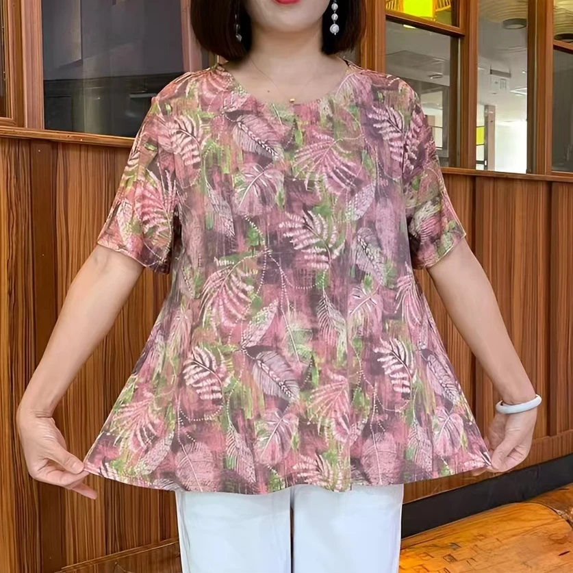 大码女装中老年妈妈装夏季时尚新款T恤洋气宽松凉爽小衫短袖上衣