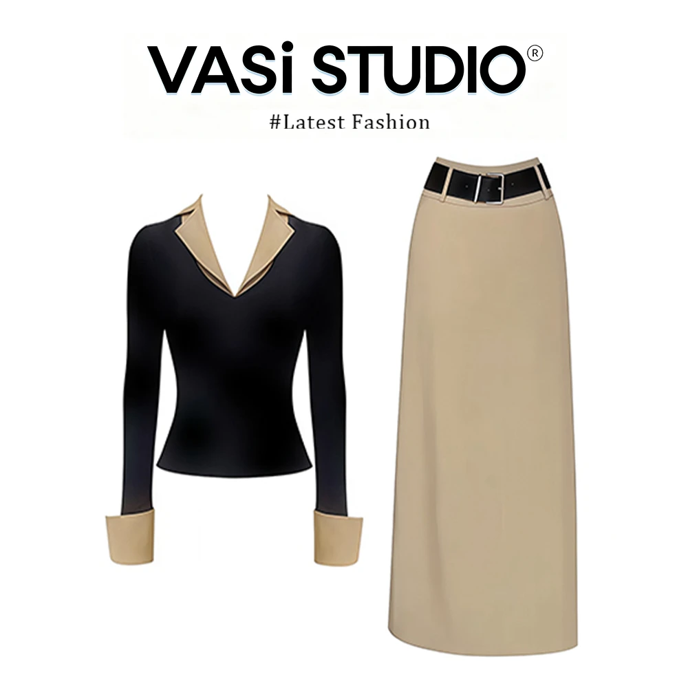 MARIE.COCO秋冬新款设计感拼接假两件V领上衣高腰显瘦半身裙套装