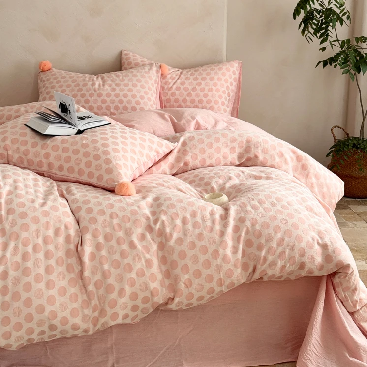 A类婴儿级色织全棉提花四件套纯棉波点被套简约毛球单人1.2三件套