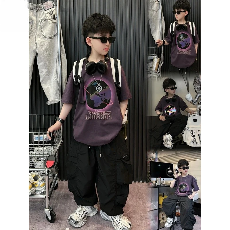 2025新款【暗夜星紫】夏款时尚街头男童紫色地球韩版纯棉短袖T印花