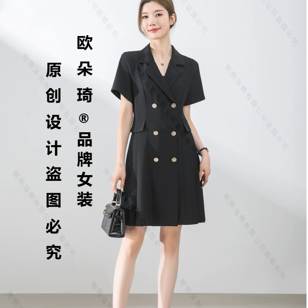 欧朵琦气质黑色西装连衣裙夏季显瘦修身双排扣时尚小众
