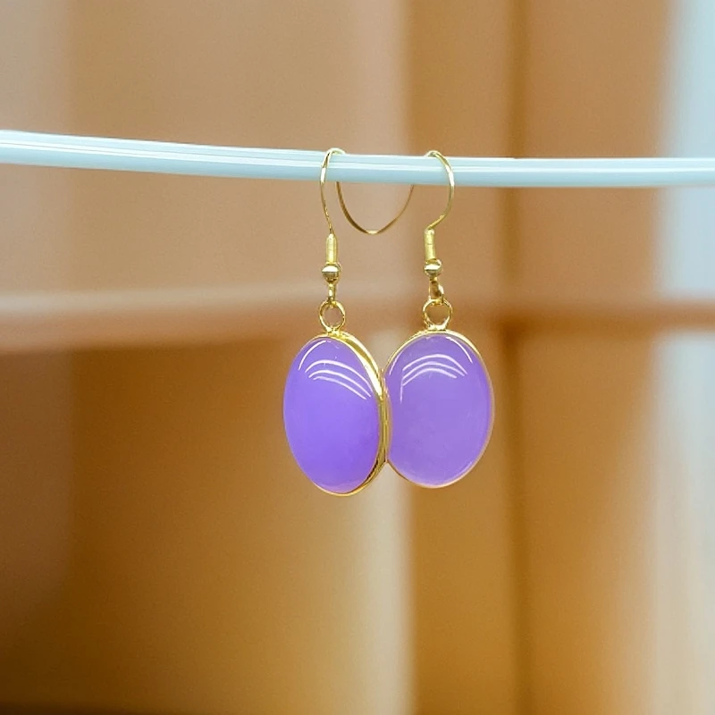 银勾玉髓玛瑙耳饰 大蛋面紫色大气款耳环400