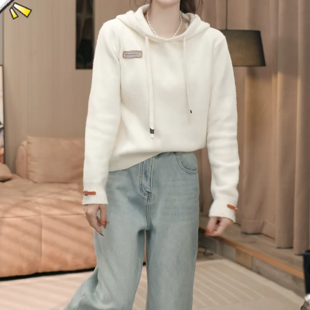 秋冬时尚气质休闲时尚连帽长袖加厚纯色连帽针织上衣LK2500917