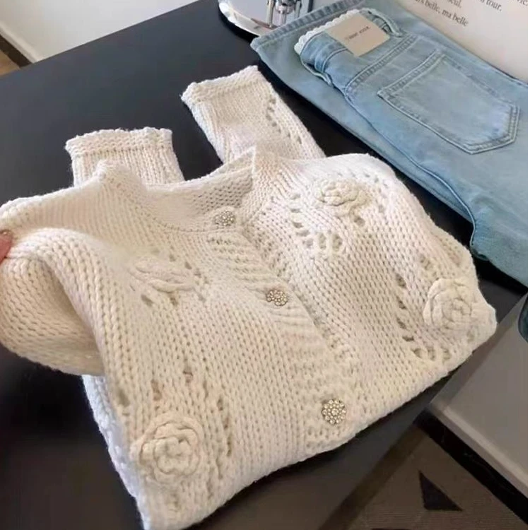法式温柔风立体花朵毛衣开衫外套女2025春秋新款镂空圆领针织上衣