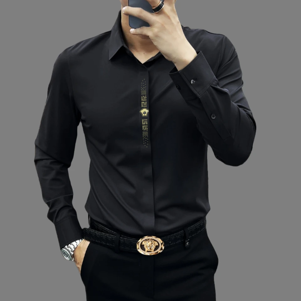 欧洲站轻奢男士免烫抗皱长袖衬衫商务休闲高弹痞帅修身暗门襟衬衣