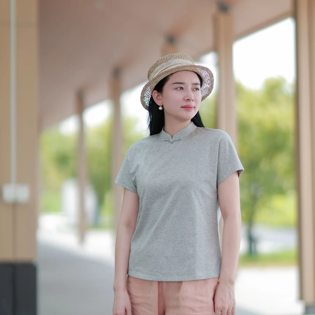 2025夏季新款中国风复古盘扣女装修身显瘦纯色短袖