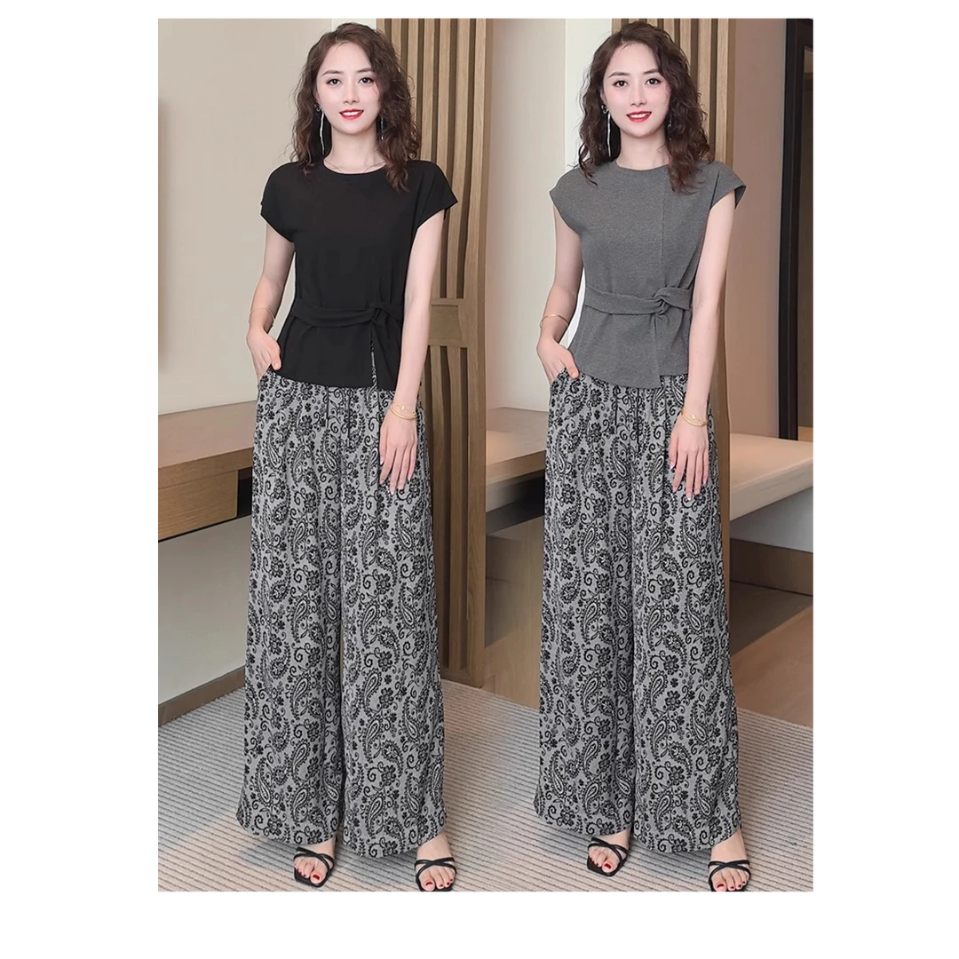 时尚套装女2025夏季新款洋气质显瘦短袖T恤印花阔腿裤减龄两件套