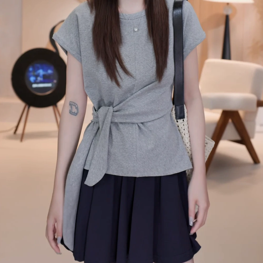 2025夏季新款别致ins潮显瘦小心机绑带收腰短袖T恤女灰色上衣