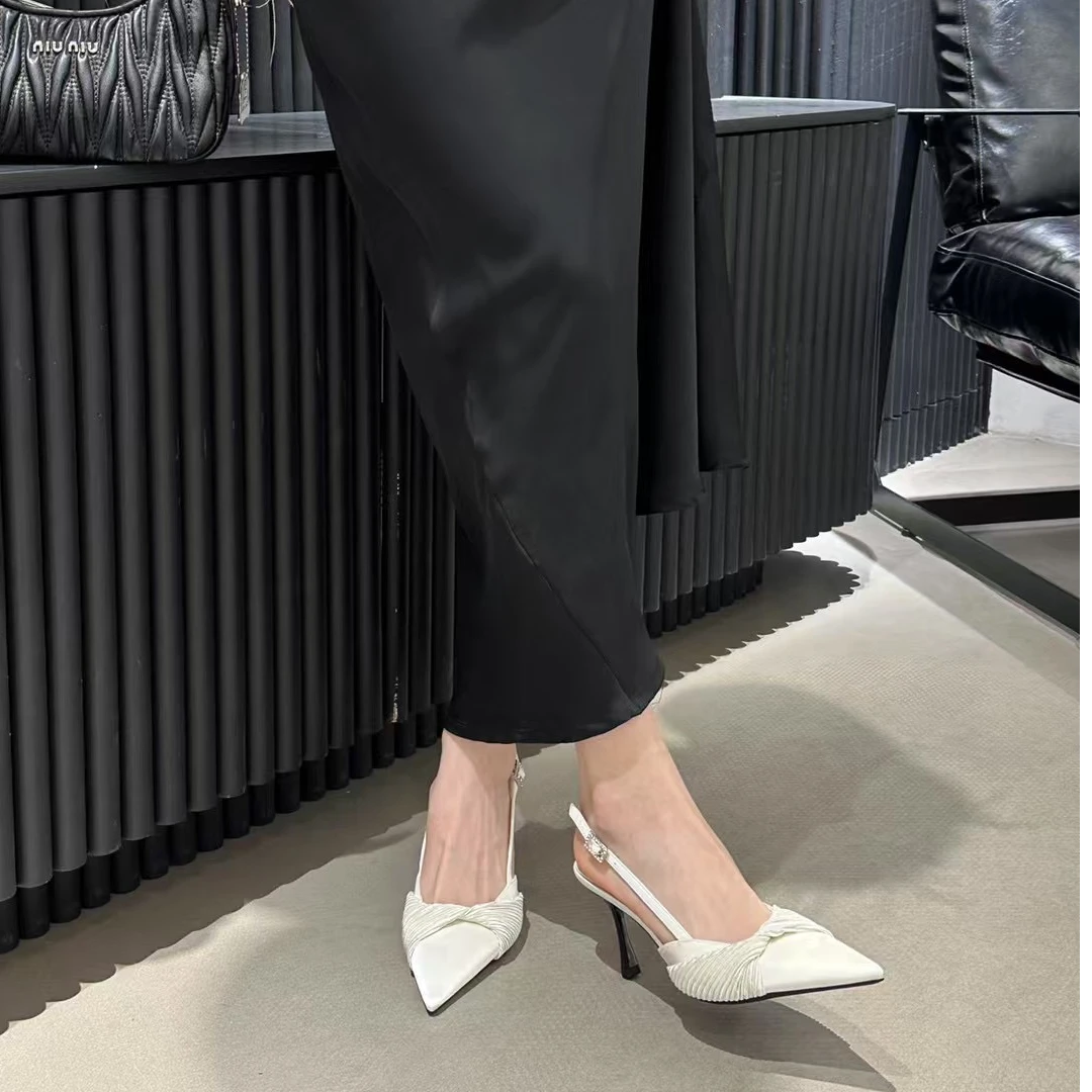 2025新款显瘦尖头名媛风细高跟鞋女春季后空浅口凉鞋气质皱褶单鞋