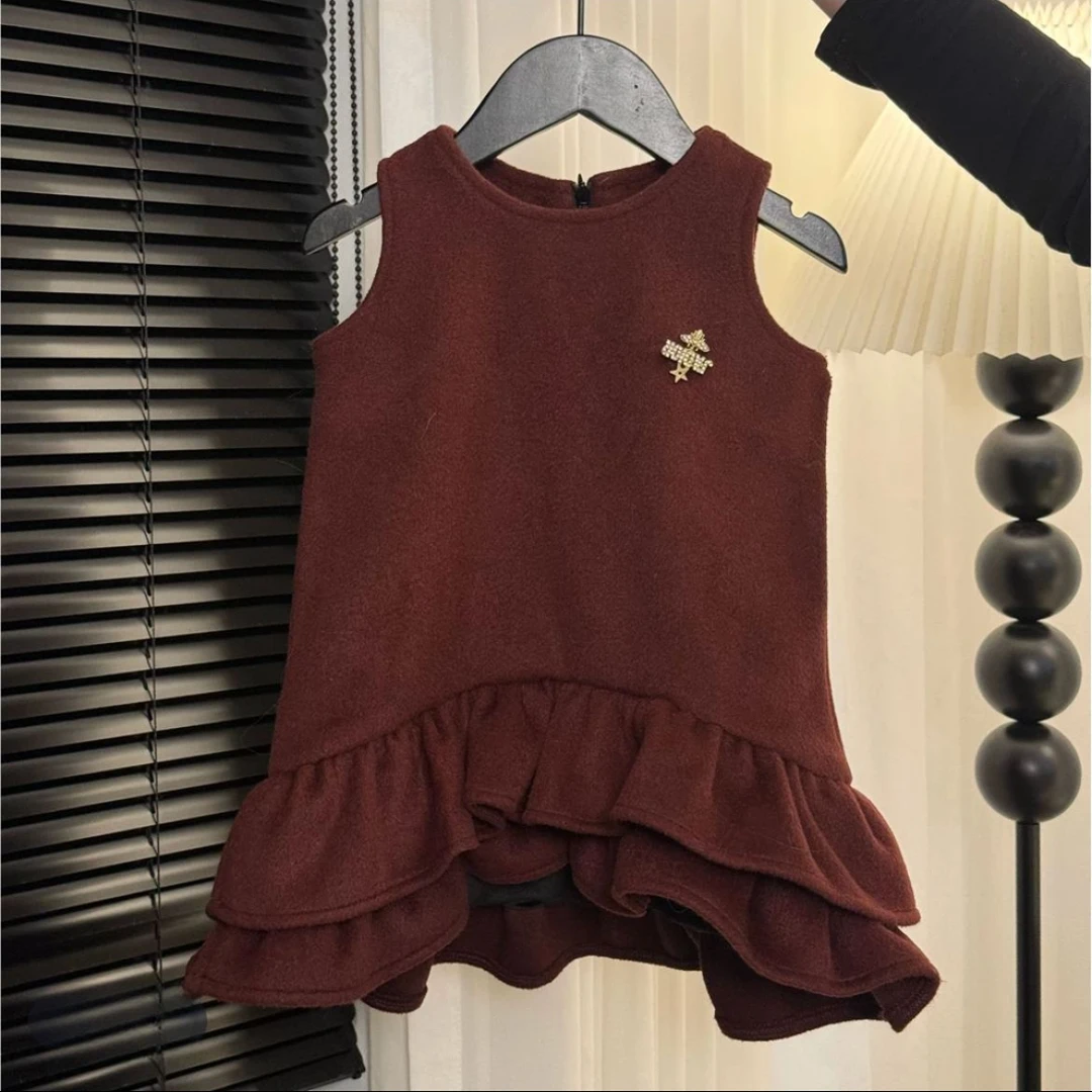 女童新款洋气毛呢背心裙儿童秋冬圣诞连衣裙女孩礼服裙