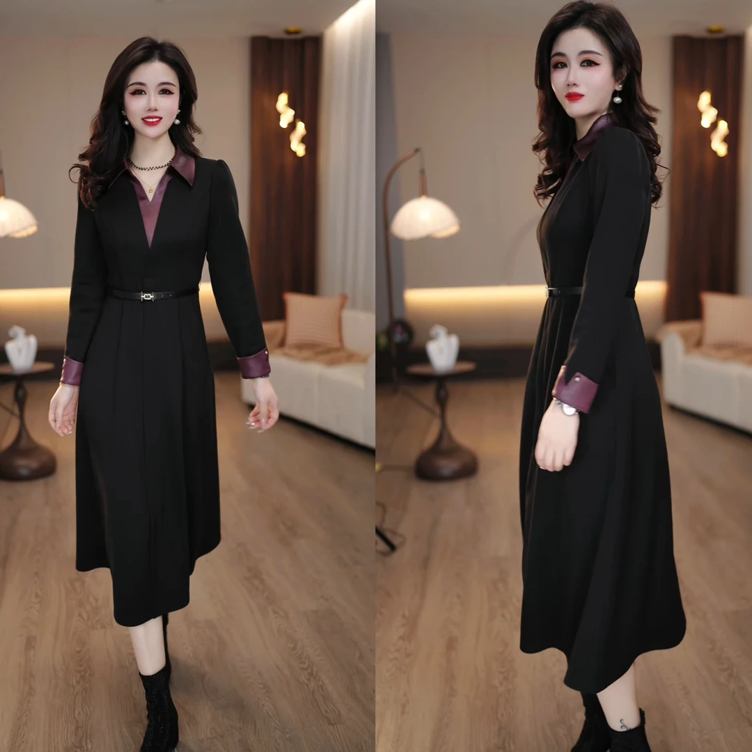 2024秋冬紫色缎面拼接翻领洋气拼色百搭中长款黑色假两件连衣裙
