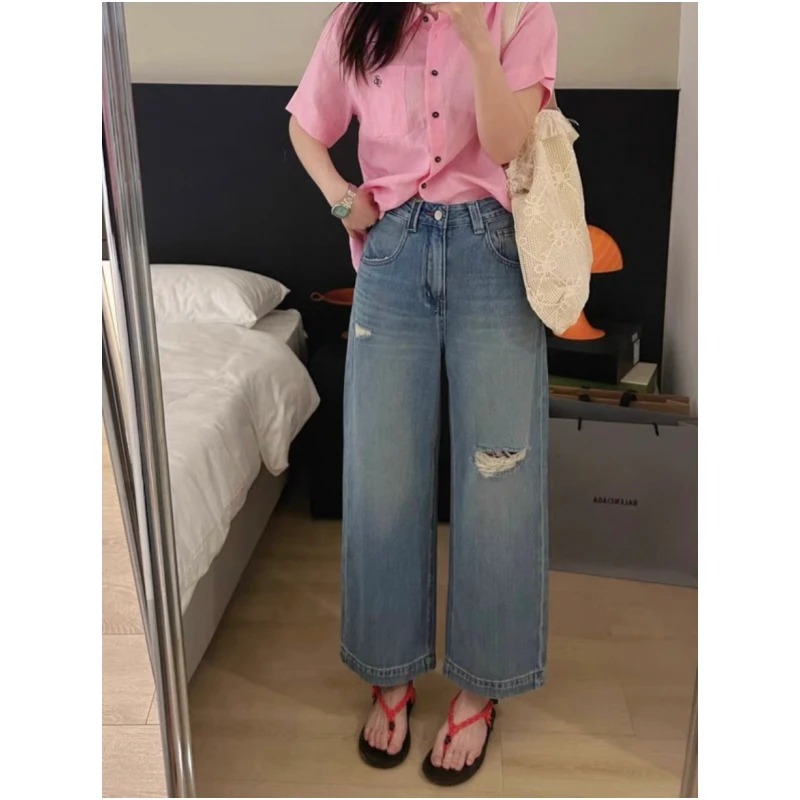 夏季薄款汉麻破洞九分裤~小个子梨型身材遮胯显瘦直筒裤