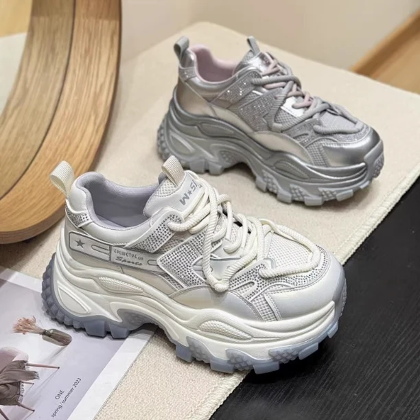 水钻厚底银粉皮老爹鞋女鞋爆款洋气增高7cm防滑透气网鞋女夏款