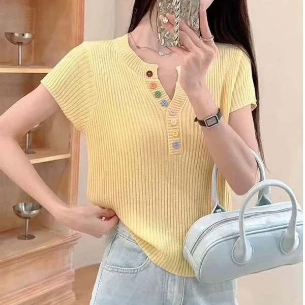 韩系v领彩色纽扣冰丝短袖针织衫女2025新款夏季薄款宽松显瘦上衣