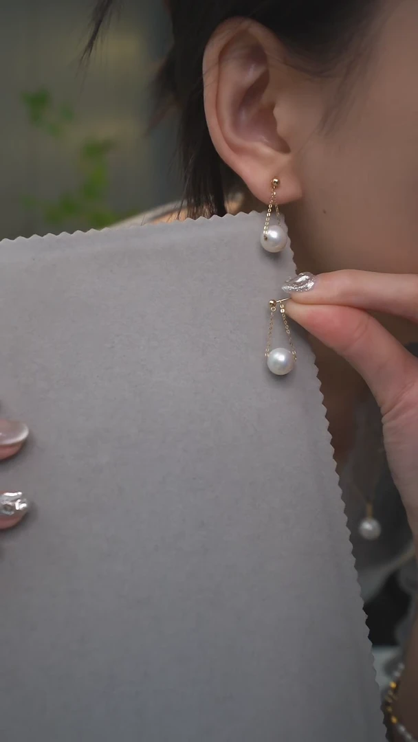 【闪购商品】淡水珍珠耳饰18K金镶嵌通体18K金     白色秋千耳环