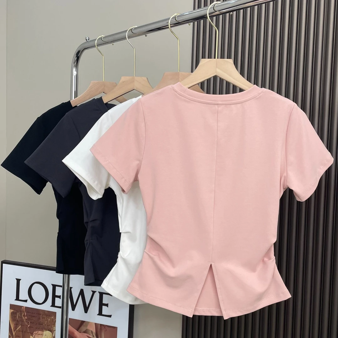 眼月夏季新后开叉修身纯色百搭圆领V领短袖褶皱收腰显瘦T恤