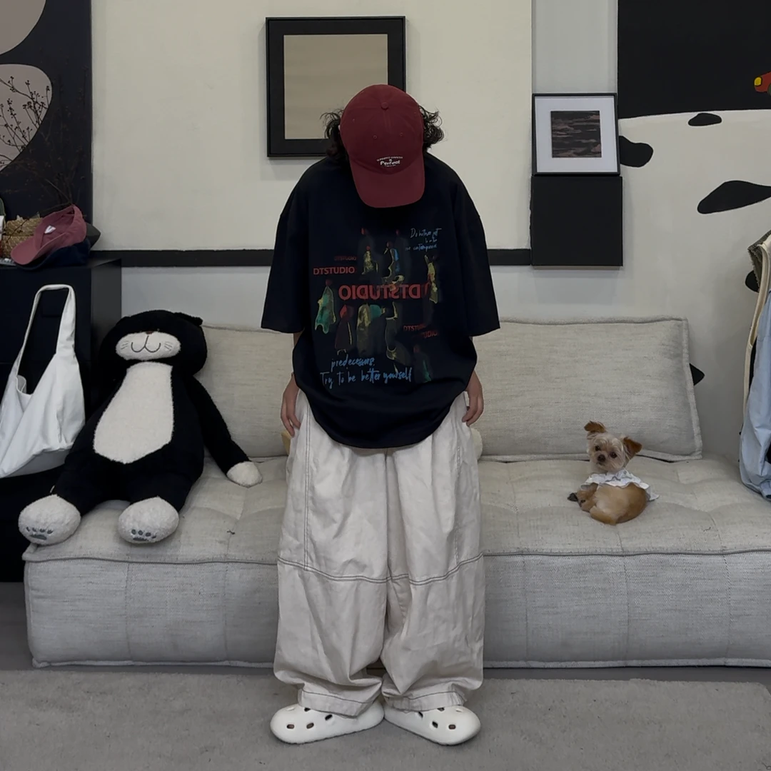 橘子罐头卫卫新款美式复古宽松街头休闲百搭两色T恤