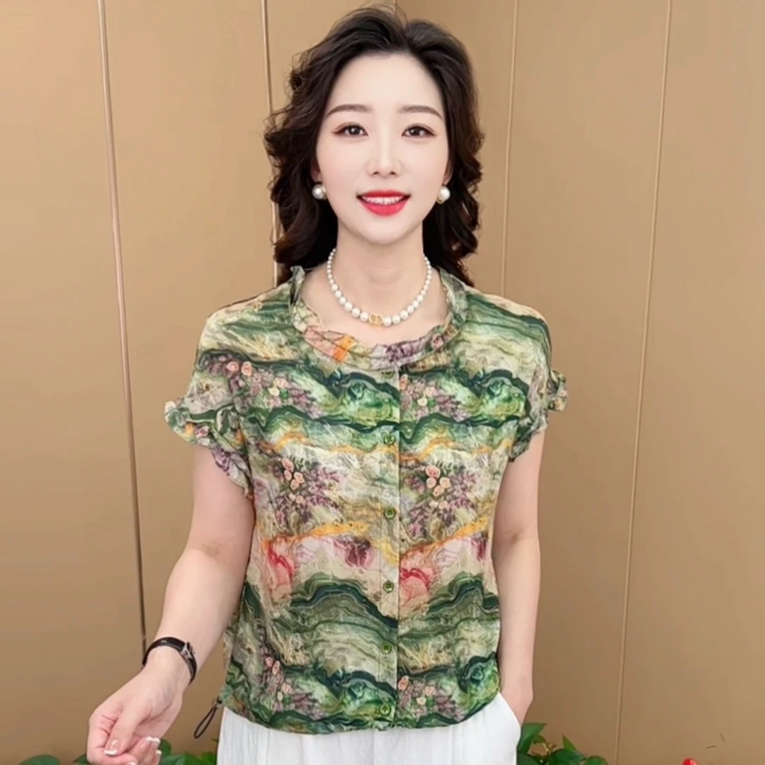 夏季新款时尚圆领木耳花边气质妈妈装休闲百搭薄款短袖上衣K7217