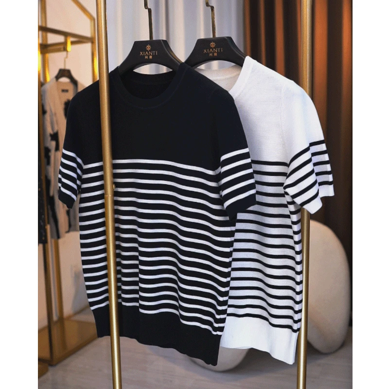 【轻奢-透气】高支长绒棉百搭黑白条纹短袖针织衫女夏季-2501201