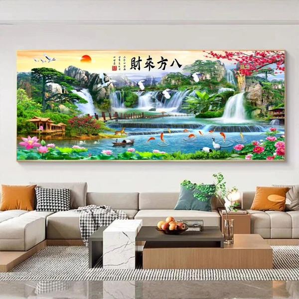 八方来财山水客厅沙发背景墙壁画晶瓷晶钻装饰挂画