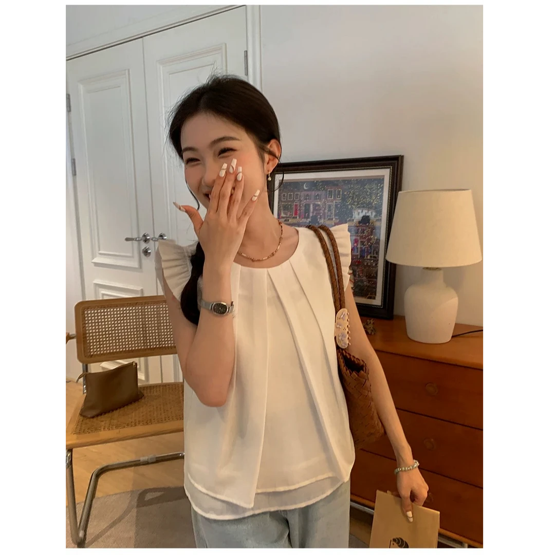 【西西里安 折扣立减】圆领压褶木耳边飞袖背心小个子韩系气质小衫