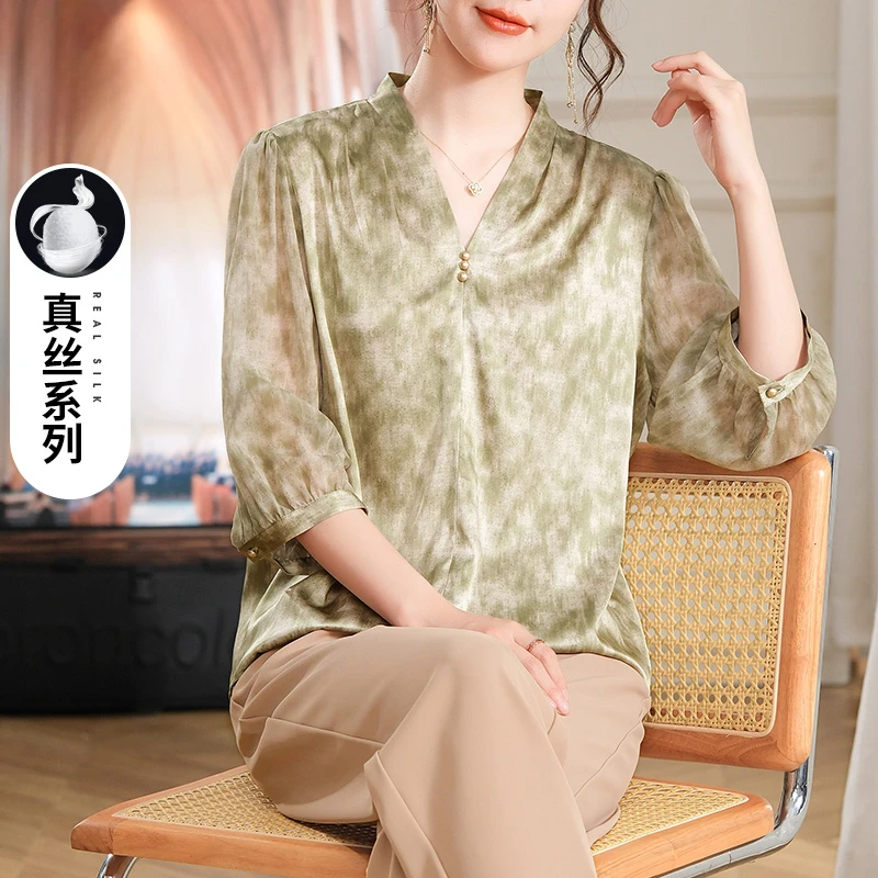 杭州妈妈夏装时尚印花桑蚕丝上衣2025新款中年女洋气大码真丝小衫