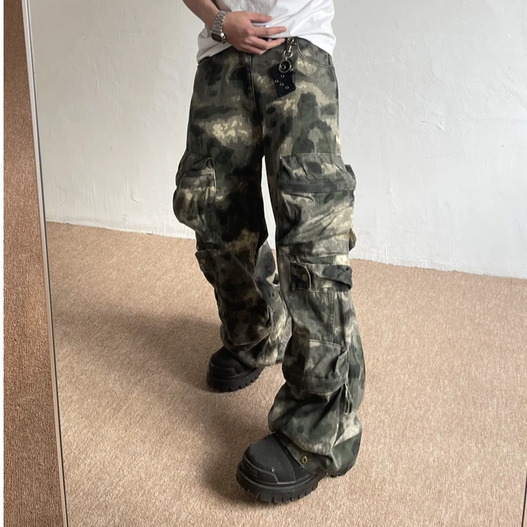H23 美式复古迷雾蔓延多口袋晕染迷彩裤男女宽松直筒休闲工装长裤